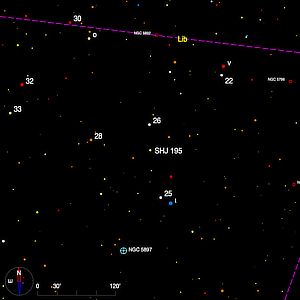 Thumbnail image of a finder chart for the double star SHJ 195 in Libra