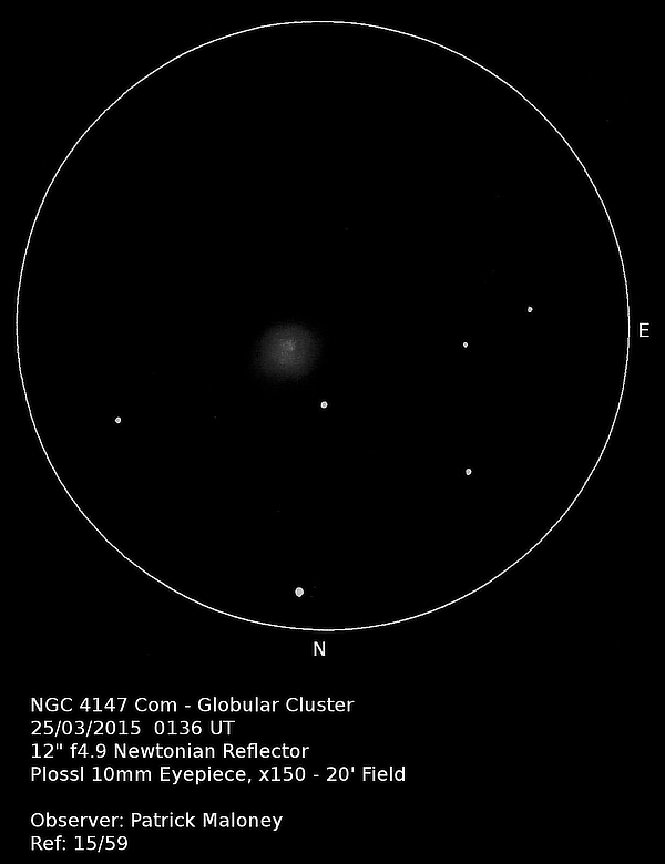 A sketch of NGC 4147 by Patrick Maloney through his 12-inch newtonian telescope at x150 magnification.