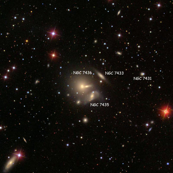 Labelled image of the NGC 7436 galaxy group - Image provided by the Sloan Digital Sky Survey (SDSS)