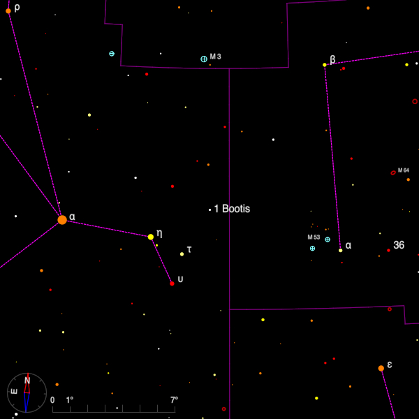 Image of a finder chart for the double star 1 Bootis in Bootes