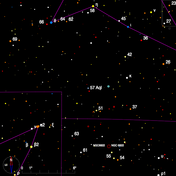 Image of a finder chart for the double star 57 Aql in Aquila Image of a finder chart for the double star 57 Aql in Aquila