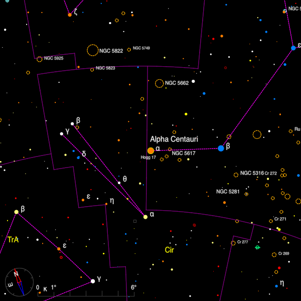 Image of a finder chart for the double star alpha Centauri in Centaurus