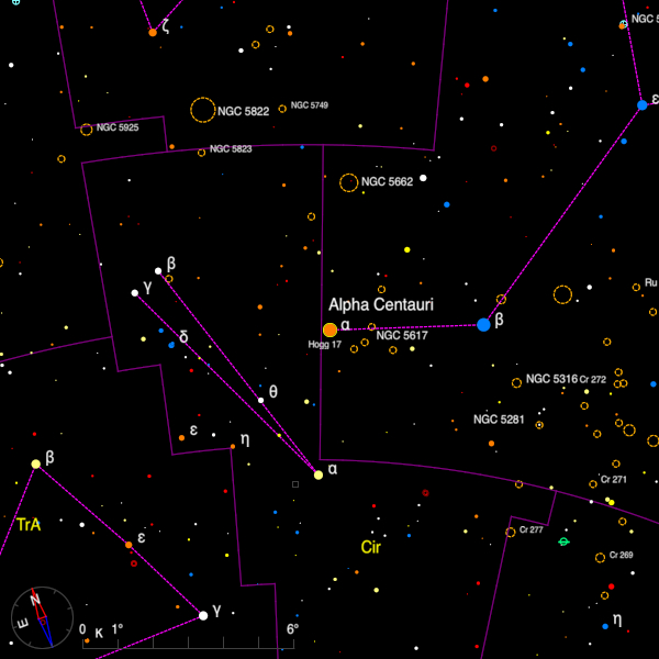 Image of a finder chart for the double star alpha Centauri in Centaurus Image of a finder chart for the double star alpha Centauri in Centaurus