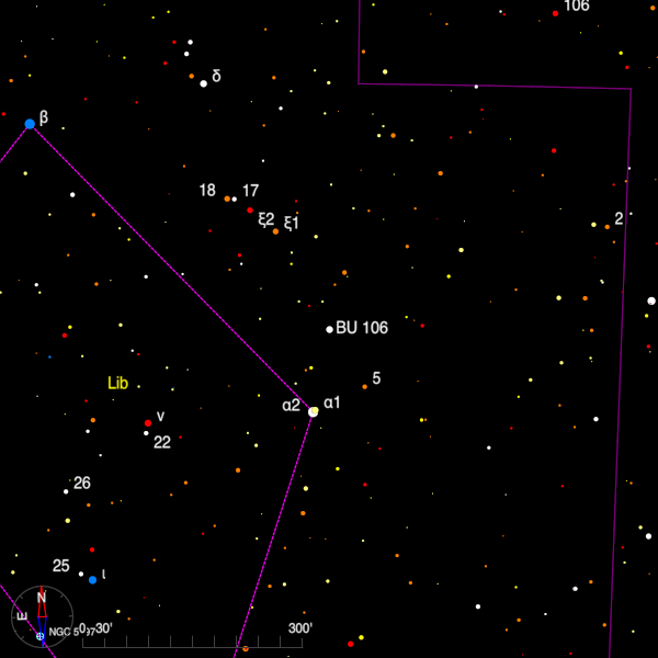 Image of a finder chart for the double star BU 106 in Libra