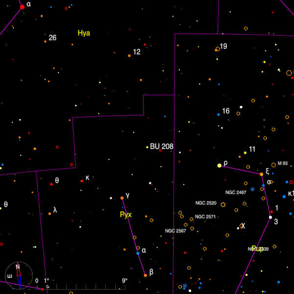 Image of a finder chart for the double star BU 208 in Pyxis