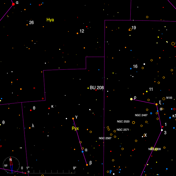 Image of a finder chart for the double star BU 208 in Pyxis Image of a finder chart for the double star BU 208 in Pyxis