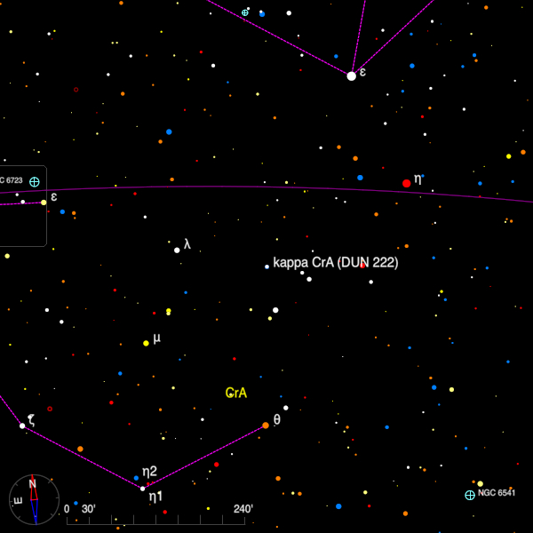 Image of a finder chart for the double star kappa CrA (DUN 222) in Corona Australis Image of a finder chart for the double star kappa CrA (DUN 222) in Corona Australis