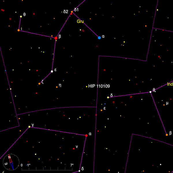 Image of a finder chart for the double star alpha Centauri in Centaurus Image of a finder chart for the double star HIP 110109 in Grus