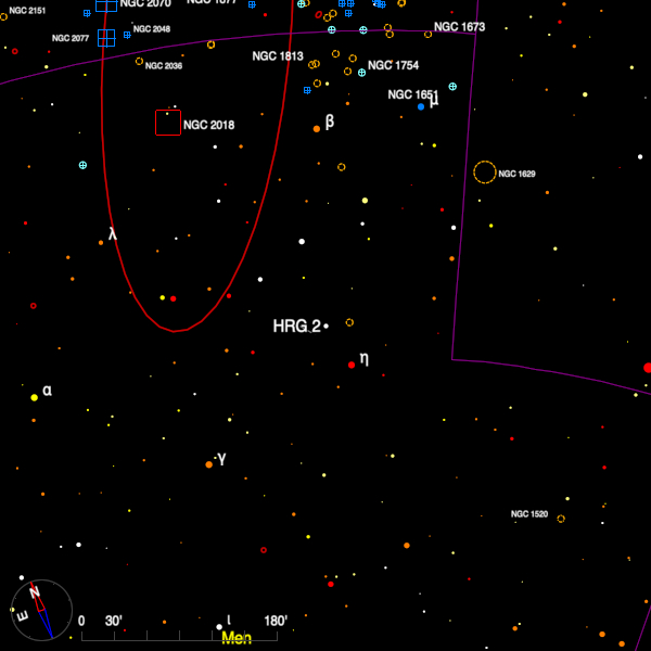 Image of a finder chart for the double star HRG 2 in Mensa