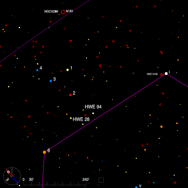 Image of a finder chart for the double stars HWE 28 and HWE 94 in Centaurus