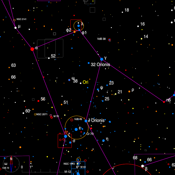 Image of a finder chart for the double stars 32 Ori and delta Ori in Orion