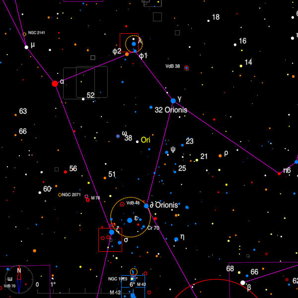 Image of a finder chart for the double stars 32 Ori and delta Ori in Orion Image of a finder chart for the double stars 32 Ori and delta Ori in Orion
