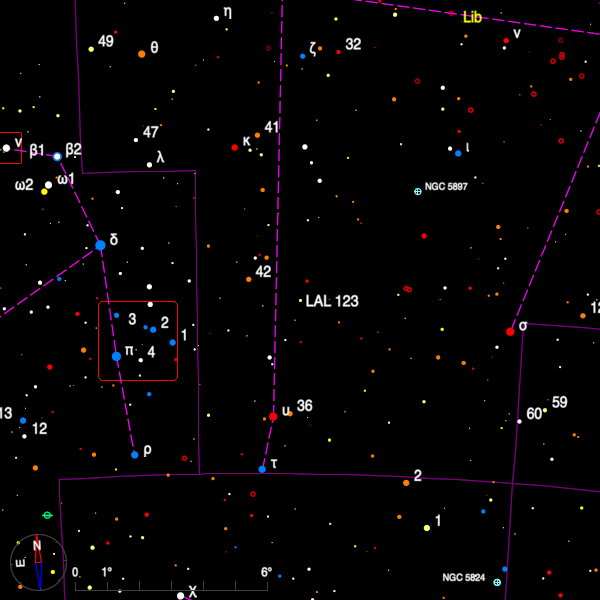 Image of a finder chart for the double star LAL 123 in Libra Image of a finder chart for the double star LAL 123 in Libra