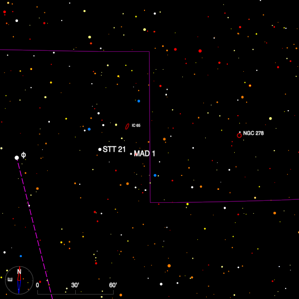 Image of a finder chart for the double stars MAD 1 and STT 21 in Andromeda Image of a finder chart for the double stars MAD 1 and STT 21 in Andromeda