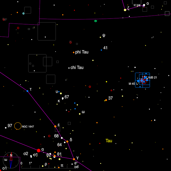 Image of a finder chart for the double stars tau and chi Tauri