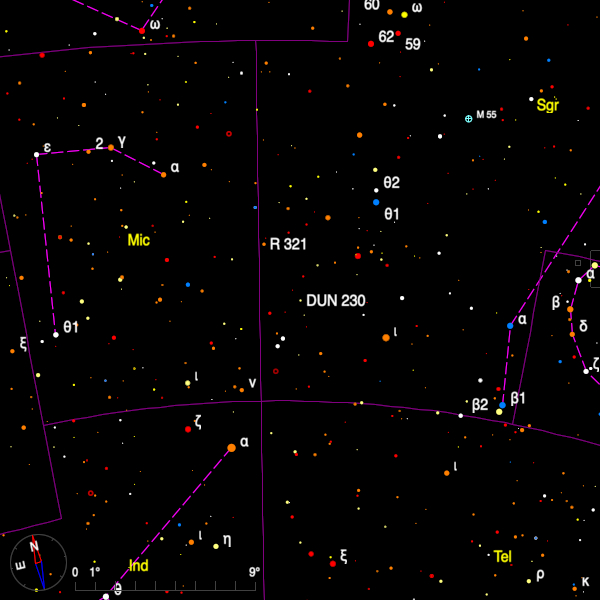 Image of a finder chart for the double stars R 321 and DUN 230