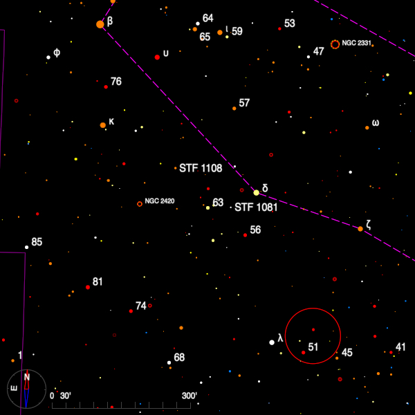 Image of a finder chart for the double star STF 1108 in Gemini