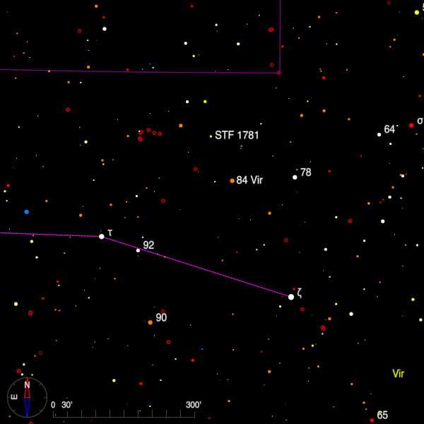 Image of a finder chart for the double stars STF 1781 and 84 Virginis in Virgo