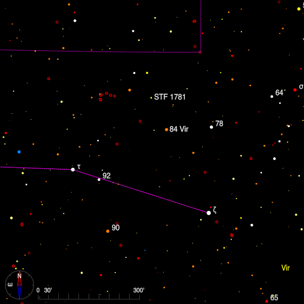 Image of a finder chart for the double stars STF 1781 and 84 Virginis in Virgo Image of a finder chart for the double stars STF 1781 and 84 Virginis in Virgo