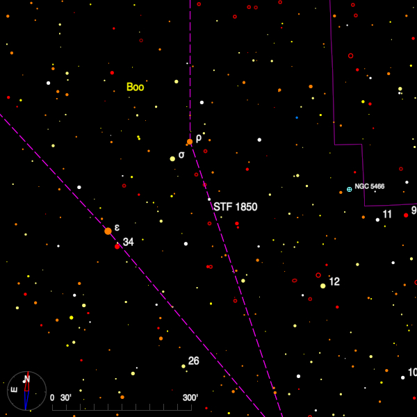 Image of a finder chart for the double star STF 1850 in Boötes