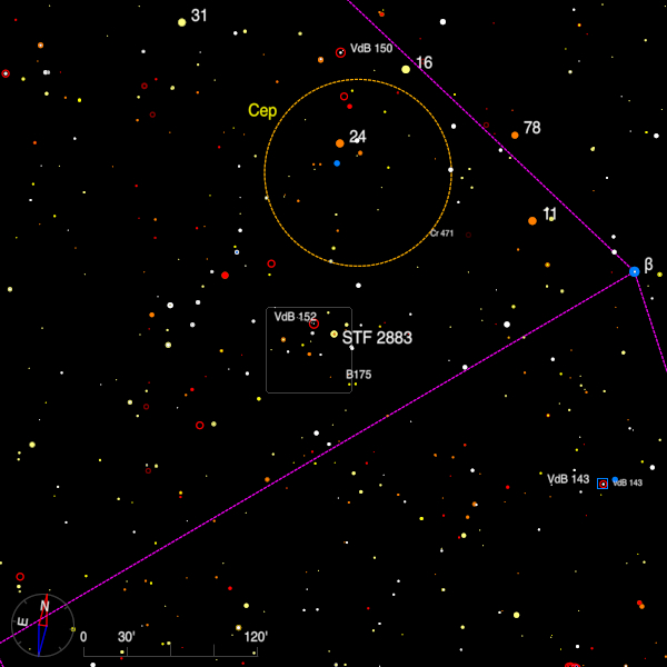 Image of a finder chart for the double star 1 Boötis in Boötes Image of a finder chart for the double star STF 2883 in Cepheus
