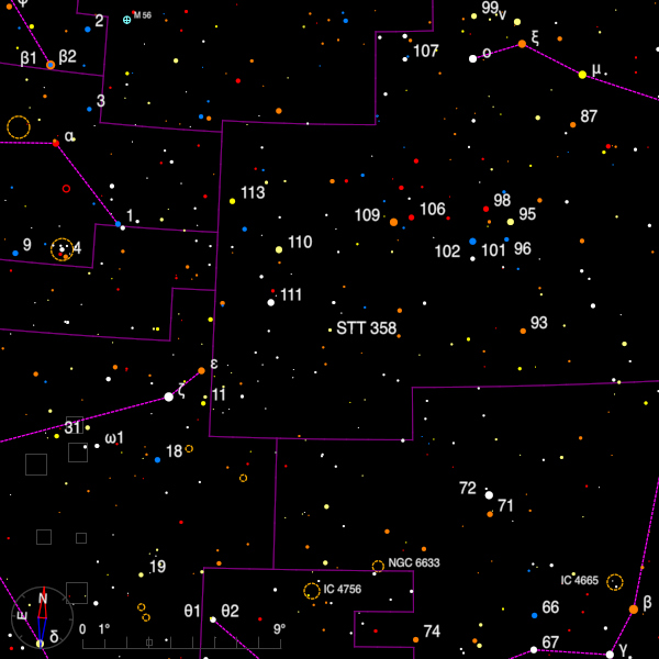 Image of a finder chart for the double star STT 358 in Hercules Image of a finder chart for the double star STT 358 in Hercules