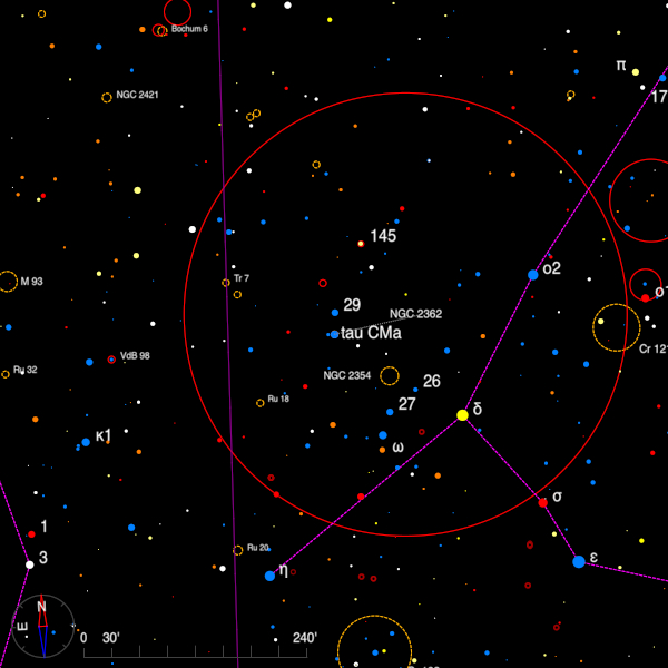 Image of a finder chart for the double star tau Canis Majoris