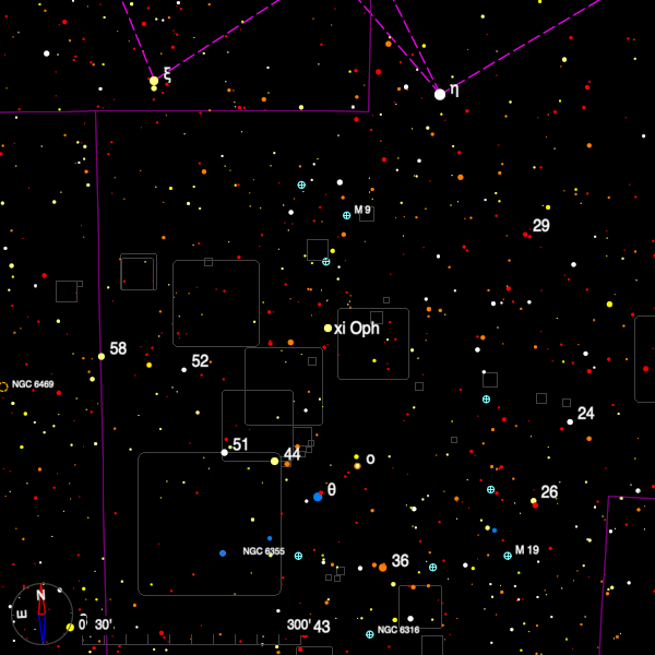 Image of a finder chart for the double star xi Ophiuchi in Ophiuchus