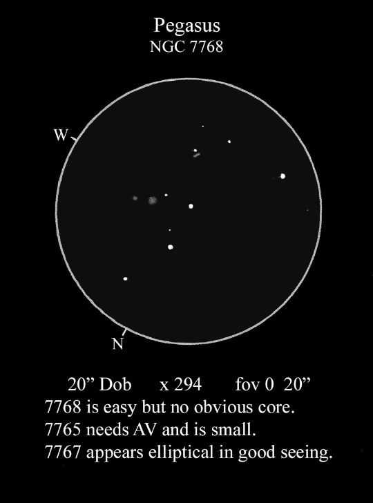 Abell 2666 sketched by Mike Wood with a 20 inch telescope at 294 times magnification. NGC7768 easy but no obvious core, NGC 7765 needs averted vision and is small, NGC 7767 appears elliptical in good seeing.