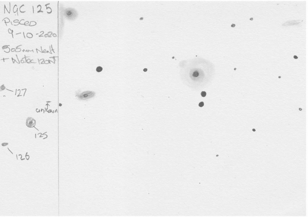 Pencil sketch of galaxies around NGC 125 in Pisces by Dale Holt