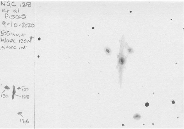 Pencil sketch of the galaxies around NGC 128 in Pisces by Dale Holt