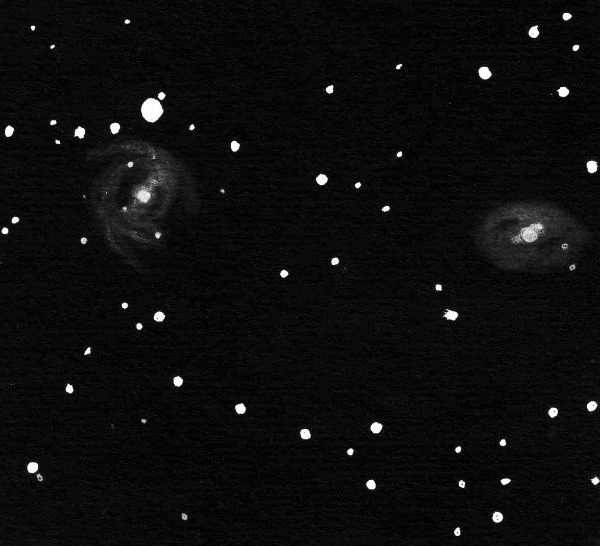 Sketch of NGC 2487 and NGC 2486 in Gemini by Dale Holt from his Chippingdale observatory in Hertfordshire