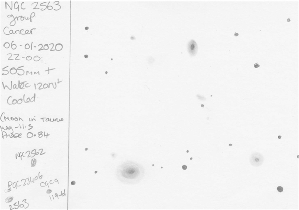 Sketch of the NGC 2563 galaxy group by Dale Holt from his Chippingdale observatory in Hertfordshire
