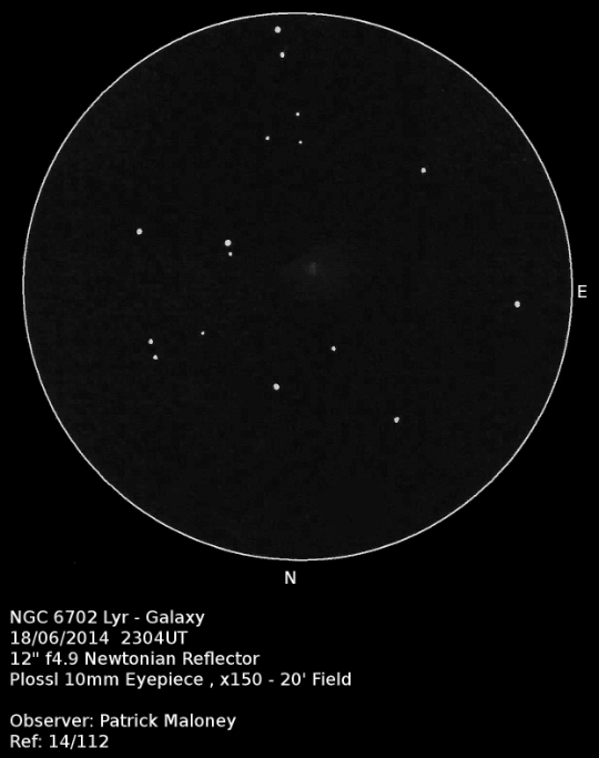 NGC 6702 sketched by Patrick Maloney using 12" f4.9 Newtonian reflector and a 10mm Plossl eyepiece