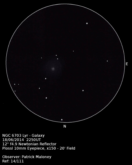 NGC 6702 sketched by Patrick Maloney using 12" f4.9 Newtonian reflector and a 10mm Plossl eyepiece