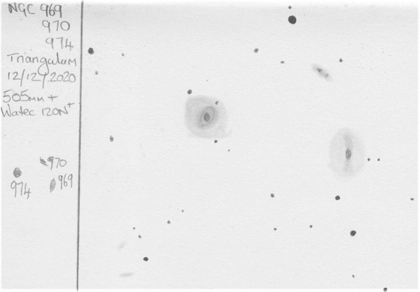Pencil sketch of galaxies around NGC 969 in Triangulum by Dale Holt