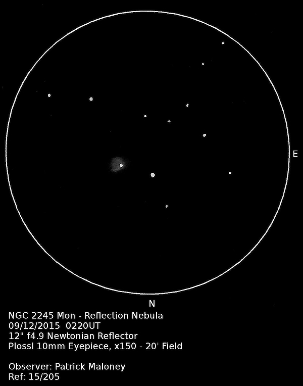 A sketch of planetary nebula IC 2149 in Auriga by Patrick Maloney through his 12-inch newtonian telescope at x150 magnification.