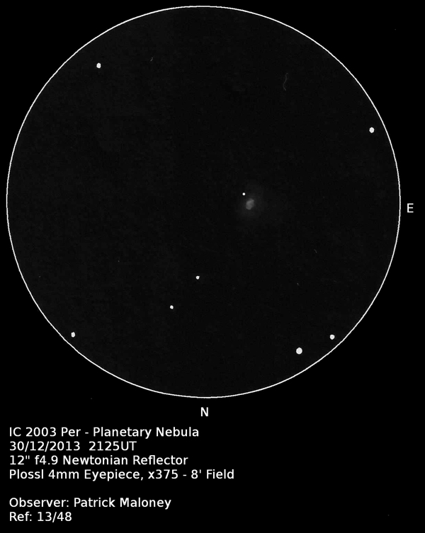 A sketch of IC 2003 by Patrick Maloney through his 12-inch newtonian telescope at x375 magnification.