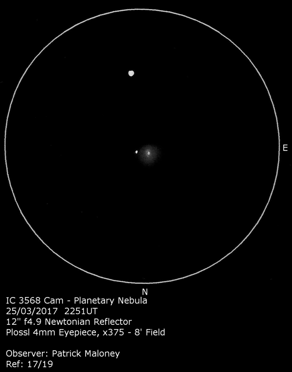 A sketch of IC 3568 by Patrick Maloney through his 12-inch newtonian telescope at x375 magnification.