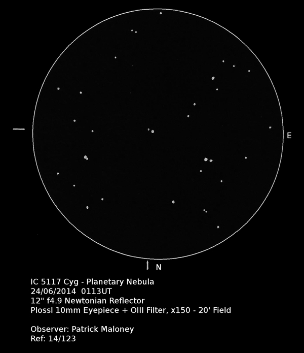 A sketch of IC 5117 by Patrick Maloney through his 12-inch newtonian telescope at x150 magnification with an OIII filter.