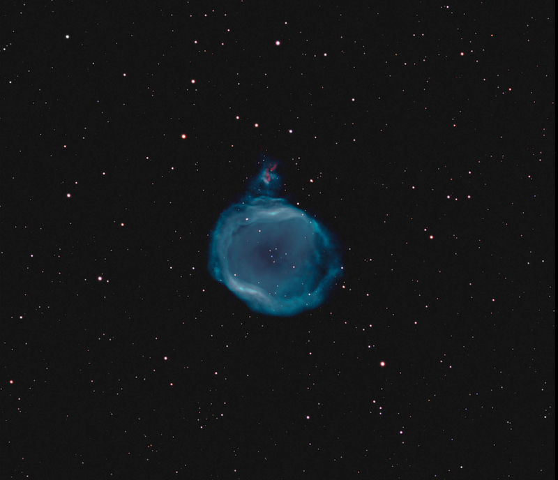 A detailed narrowband image of the planetary nebula Jones 1 in Pegasus courtesy of Peter Goodhew.