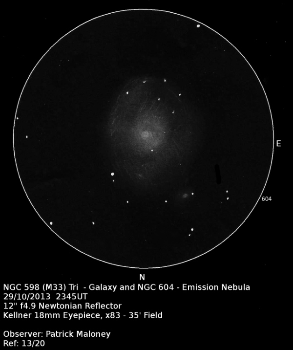 A sketch of M33 with the emission nebula NGC 604 by Patrick Maloney through his 12-inch newtonian telescope at x83 magnification