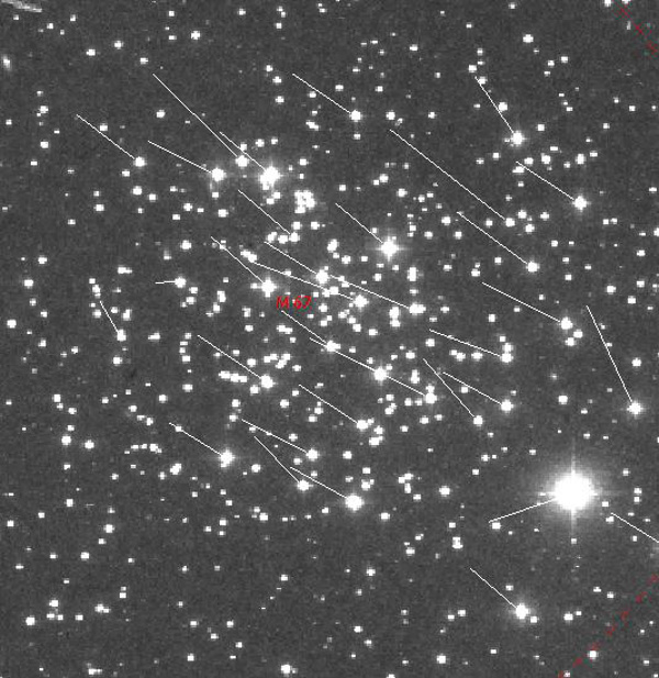 Proper motion vectors added to a Digitalised Sky Survey (DSS) image of Messier 67 with Guide 9 software