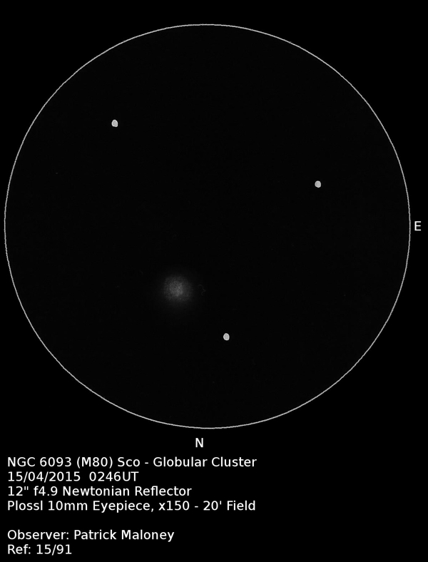 A sketch of Messier 80 by Patrick Maloney through his 12-inch newtonian telescope at x150 magnification.