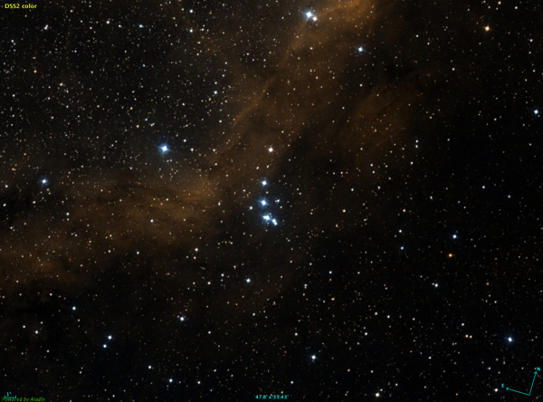 A 47 arc-minute wide image of open cluster Mrk 6 or Stock 7 by the Digitised Sky Survey (DSS)