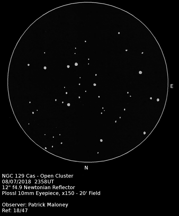 A sketch of NGC 129 by Patrick Maloney through his 12-inch newtonian telescope at x150 magnification