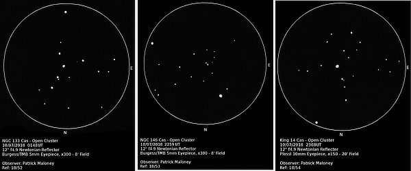 Sketches of open clusters NGC 133, NGC 146 and King 14 by Patrick Maloney through his 12-inch newtonian telescope at x300 and x150 magnification.