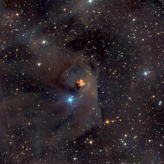 NGC 1555 (Hind's Variable Nebula) and T Tauri acquired and preprocessed by Bill Snyder and postprocessed by Warren Keller