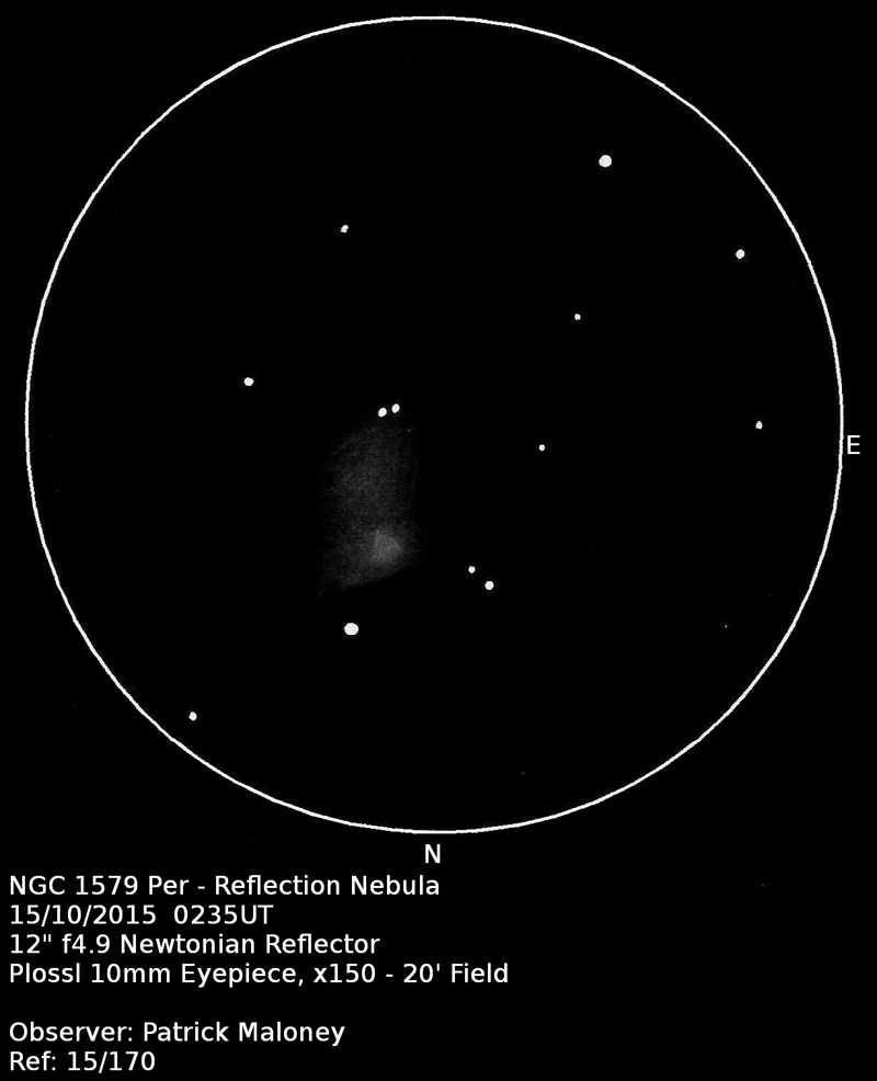 A sketch of NGC 1579 by Patrick Maloney through his 12-inch newtonian telescope at x150 magnification