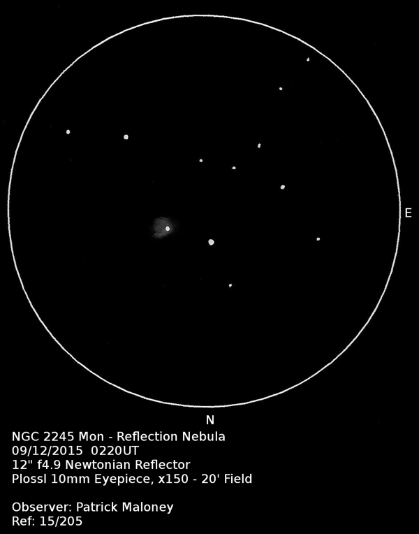 A sketch of NGC 2245 by Patrick Maloney through his 12-inch newtonian telescope at x150 magnification.
